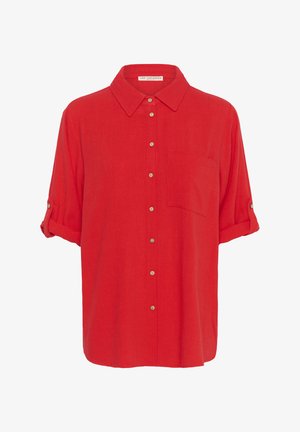 Rode button-up shirt met korte opgerolde mouwen, een borstzak en een gladde, gestructureerde afwerking. Het heeft lichtgekleurde knopen en een klassieke kraag.