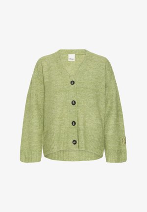 Zöld kötött kardigán V-nyakkivágással, öt fekete gombbal elöl, és bordázott mandzsettákkal. Ujján logórészlet található.