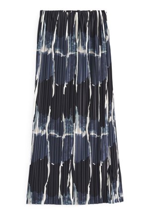 Jupe midi plissée avec motif floral abstrait noir, blanc et bleu et taille élastique.