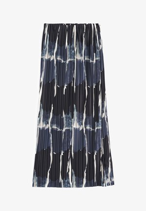 Jupe midi plissée avec motif floral abstrait noir, blanc et bleu et taille élastique.