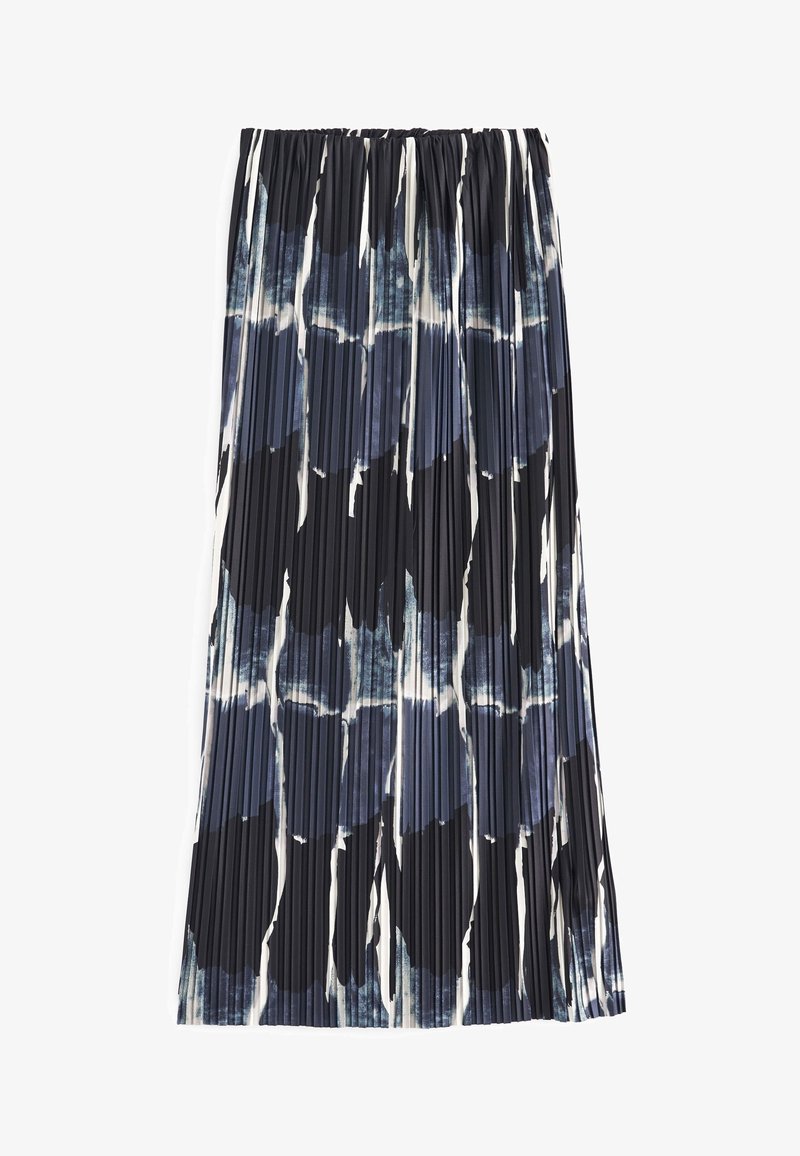 Jupe midi plissée avec motif floral abstrait noir, blanc et bleu et taille élastique.