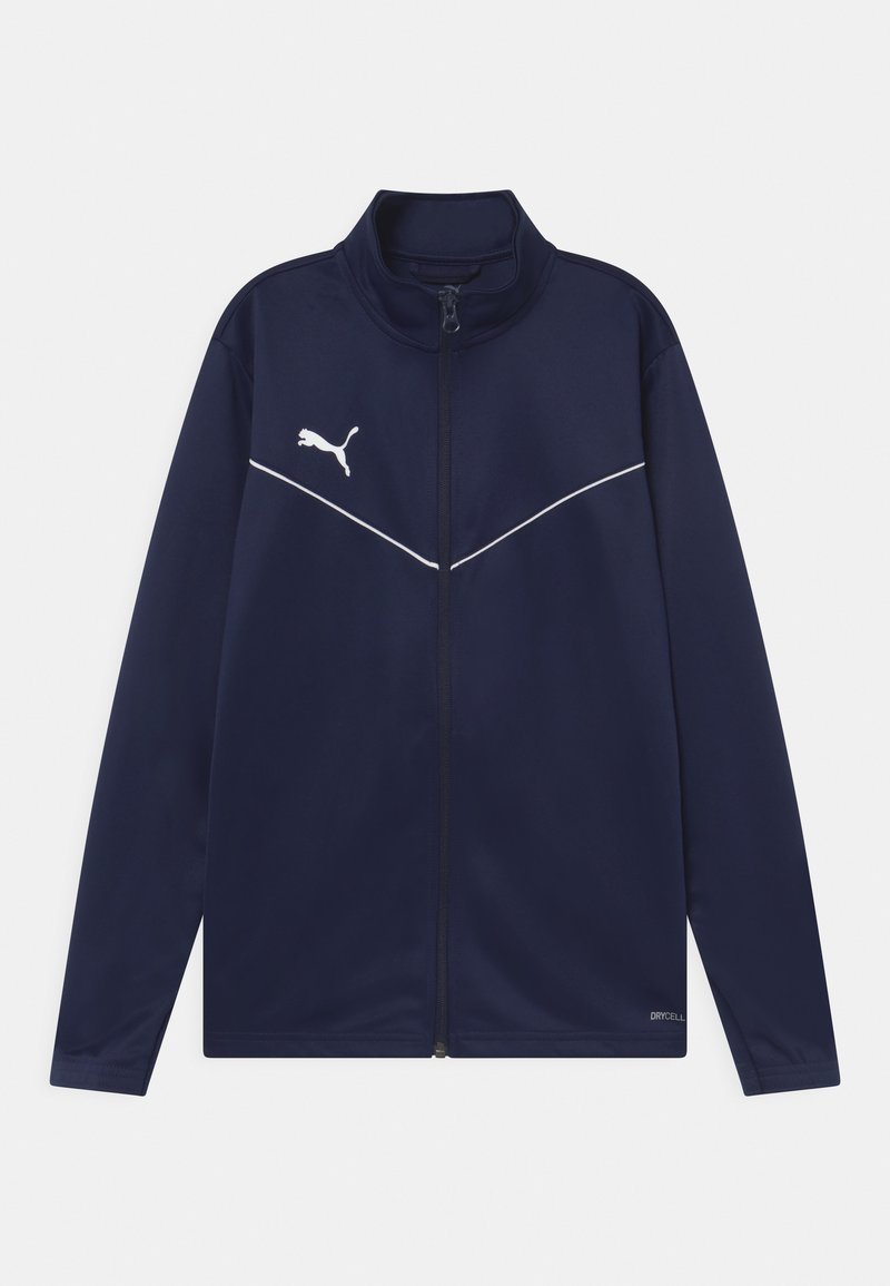 Navy Zip-Jacke aus glattem Stoff, mit hohem Kragen, weißem Akzentstreifen und einem kleinen weißen Logo auf der linken Seite.