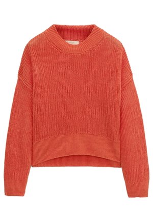 Gruby sweter z długim rękawem w kolorze spalonym pomarańczowym, z okrągłym dekoltem oraz ściągaczami na mankietach i dole, o lekko skróconym, luźnym kroju.