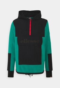 Pullover con cappuccio e mezza zip in nero e teal, con una tasca frontale, orlo con cordino e dettagli della zip rossi. Logo sul fronte.
