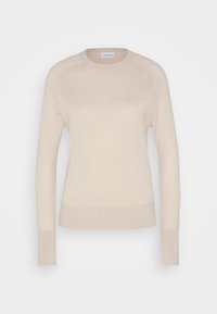 Beige leichter Strickpullover, Rundhalsausschnitt, lange Ärmel, gerippte Bündchen und Saum, glatte Textur, minimalistisches Design, ohne Muster oder Verzierungen.