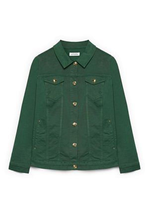 Donkergroene jas met knopen, puntkraag, twee borstflapzakken en metalen decoratieve knopen aan de voorkant.