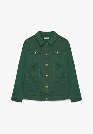Donkergroene jas met knopen, puntkraag, twee borstflapzakken en metalen decoratieve knopen aan de voorkant.