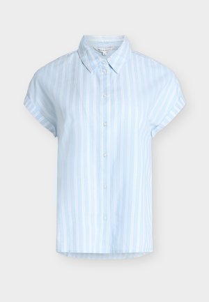 Lichtblauw kortarmig overhemd met witte verticale strepen en een klassieke kraag, maat S.