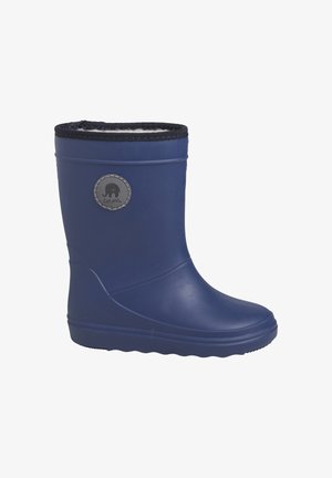 Marineblauwe rubberen laars met een gestructureerd oppervlak, ronde neus en zwarte fleece voering aan de bovenkant. Heeft een circulair logo aan de zijkant.