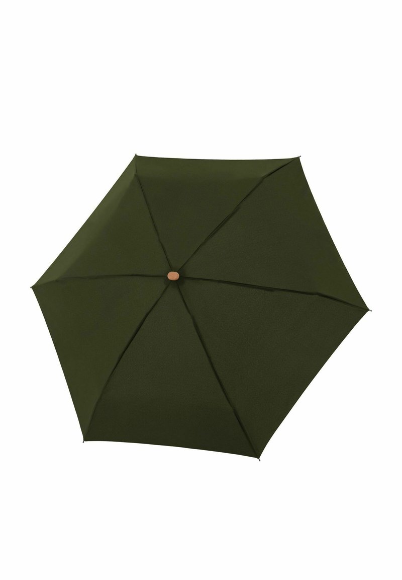 Donkergroene paraplu met een hexagonaal doek, een gestructureerde stof en een houten knoopaccent in het midden.