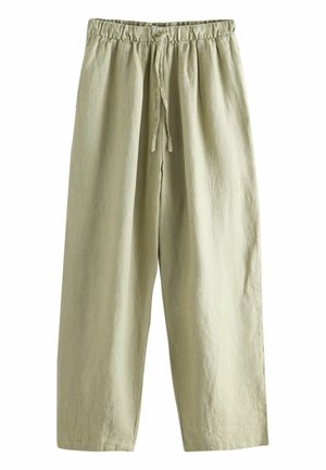 Világos bézs széles szárú nadrág elasztikus derékrésszel és húzózsinórral, könnyű anyagból készült.
