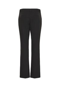 Pantalon noir à coupe droite, avec une ceinture plate, deux poches à l'arrière et une texture de tissu lisse.