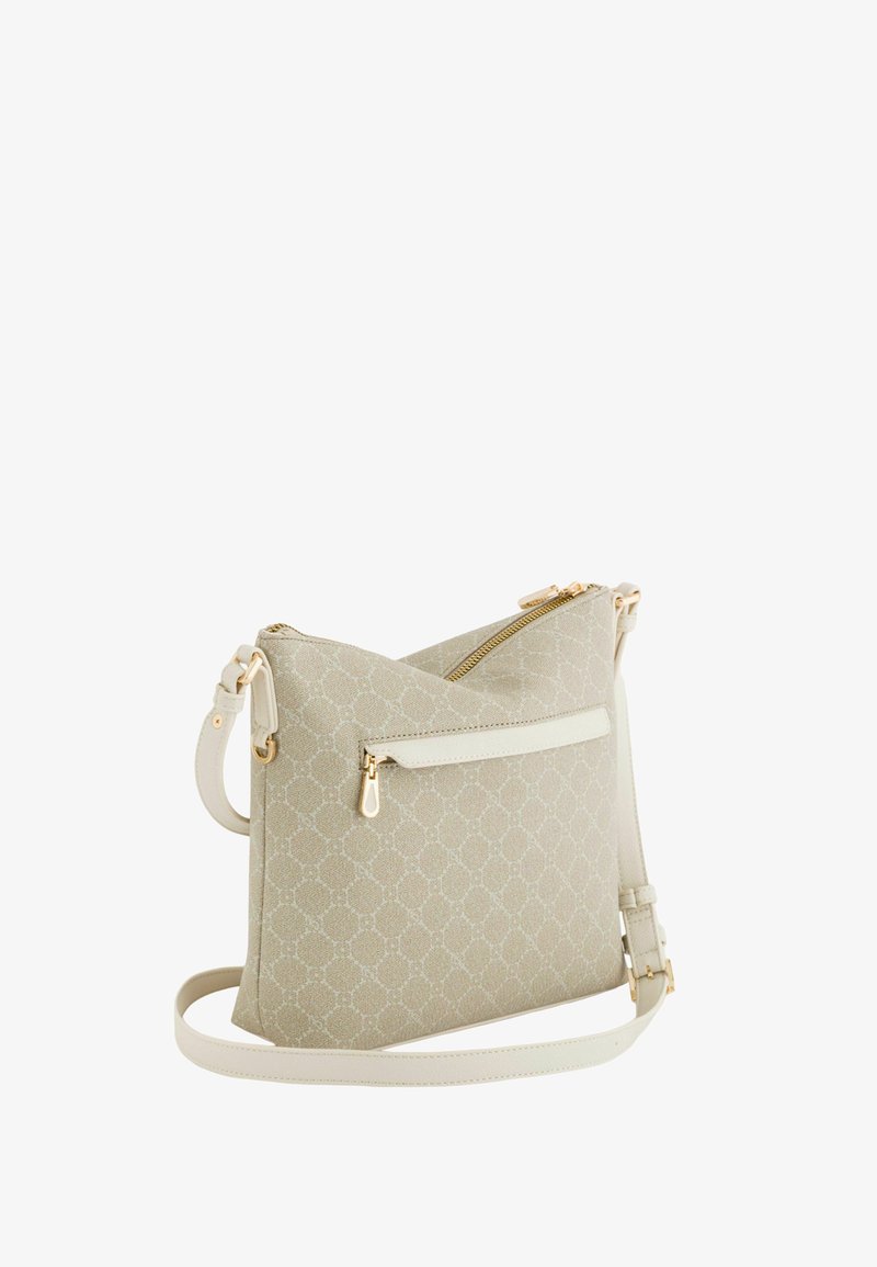Geantă bej de tip crossbody cu model geometric subtil, fermoar auriu, buzunar frontal cu fermoar și curea reglabilă pe fundal alb.