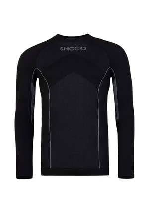 Haut thermique à manches longues noir avec un design en tricot texturé, présentant une couture blanche contrastante et un motif en chevron sur les épaules.