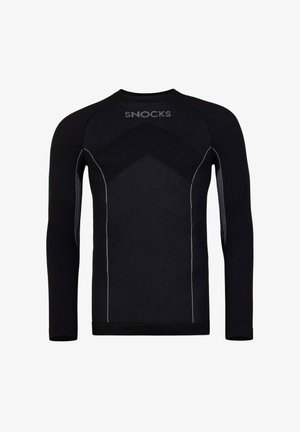 Schwarzes, langärmliges Thermo-Oberteil mit strukturiertem Strickdesign, das kontrastierende weiße Nähte und ein Zickzackmuster an den Schultern aufweist.