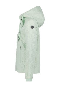 Giacca a zip verde menta chiaro con finitura texture, cappuccio, tasche laterali con zipper e una patch del logo sulla manica. Presenta polsini elasticizzati.