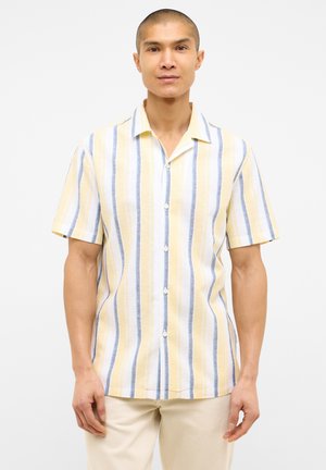 Short-sleeve shirt in yellow and light blue stripes, made of lightweight fabric; features a button-down front and a relaxed fit.