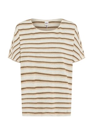 T-shirt à manches courtes beige et blanche à rayures, avec un col rond et un petit logo en tissu près de l'ourlet.