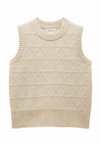 Beiger, gestrickter ärmelloser Pullover mit Rautenmuster, geripptem Kragen und Saum, aus weichem Material für Komfort. Markenetikett innen sichtbar.