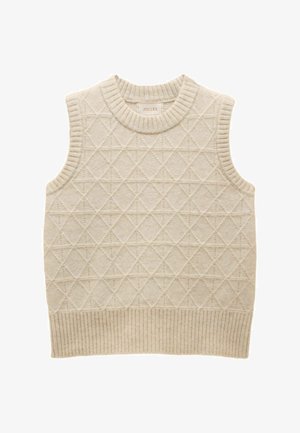 Beżowy bezrękawnik dzianinowy z wzorem w romby, z ribbowanym kołnierzem i brzegiem, wykonany z miękkiego materiału dla wygody. Widoczna metka marki wewnątrz.