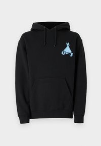 Black hoodie made of cotton, featuring a front kangaroo pocket, drawstring hood, and light blue graphic design of an ice mountain with text HUF.