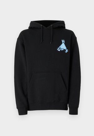Sort hættebluse lavet af bomuld, med en frontkangaroo lomme, snøre i hætten og et lyseblåt grafisk design af et isbjerg med teksten HUF.
