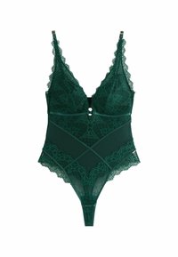 Zeleni čipkasti bodi s V-izrezom, podesivim naramenicama, cvjetnim čipkastim premazom i mrežastim detaljima. Zatvaranje na kukicu i dizajn s gaćicama.