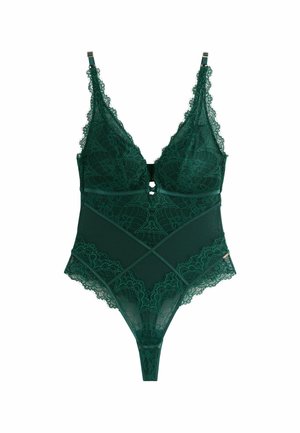 Zöld csipkebodysuit V-dekoltázzsal, állítható pántokkal, virágmintás csipke borítással és hálós részletekkel. Kapcsos záródás és tangabugyi dizájn.