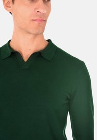 Pullover verde scuro a maniche lunghe con scollatura a V e colletto piatto. Realizzato in tessuto a maglia, presenta una texture liscia e un design aderente.