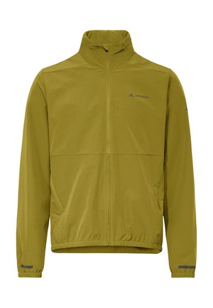 Olijfgroene jack met volledige rits, hoge kraag, lange mouwen, elastische manchetten en zoom, en Vaude-logo op borst en mouw.