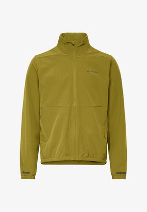 Olijfgroene jack met volledige rits, hoge kraag, lange mouwen, elastische manchetten en zoom, en Vaude-logo op borst en mouw.
