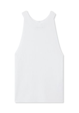 Top in maglina bianca con scollatura alta e spalline larghe. Presenta una texture liscia e un design pulito e semplice.