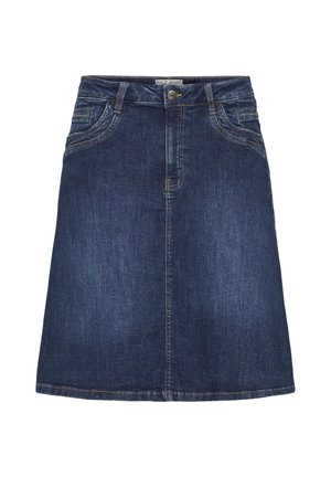 Gonna A-line in denim blu scuro con bottoni frontali, zip, passanti per cintura e due tasche frontali.