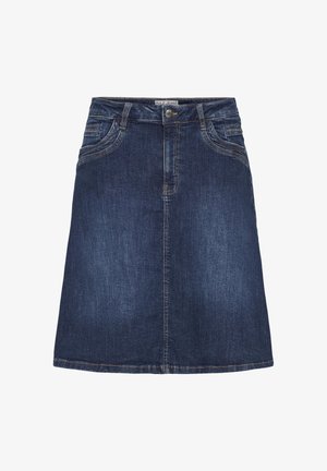 Mørkeblå denim A-linje skjørt med frontknapper, glidelås, beltehemper, og to frontlommer.