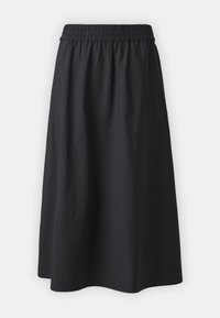 Jupe noire longueur genou avec taille élastique et ourlet légèrement évasé, présentée sur un fond uni gris clair.