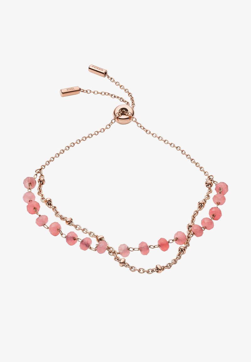 Bracelet réglable délicat en or rose avec deux chaînes, dont l'une est ornée de petites perles facettées roses espacées uniformément le long de la chaîne.