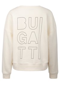 Beige sweatshirt featuring bold black text "BUGATTI" on the back. Round neckline, ribbed cuffs, and hem. Soft cotton material with a clean design.