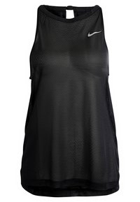 Camiseta deportiva sin mangas de malla negra con cuello alto y logo blanco de Nike en el pecho.