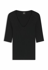 Schwarzes geripptes Strickoberteil mit tiefem V-Ausschnitt, kurzen Ärmeln und taillierter Passform. Aus weichem Stoff gefertigt, mit dezenten vertikalen Linien.