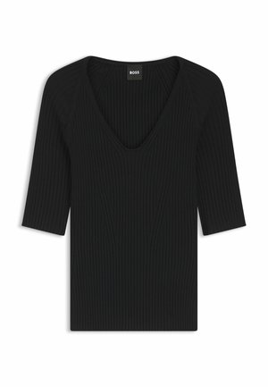 Zwarte geribbelde trui met een diepe V-hals, korte mouwen en een slim-fit ontwerp. Gemaakt van zacht stof, met subtiele verticale lijnen.