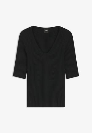 Black ribbed knit top with a deep V-neck, short sleeves, and a fitted design. Made from soft fabric, featuring subtle vertical lines.