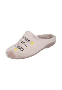 Zapatilla de casa de pelaje rosa claro con parte trasera abierta, texto bordado en negro y acentos de estrella amarilla. Suela plana para uso interior. Textura suave.