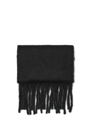 Sciarpa di lana nera con una texture morbida e bordi frangiati. Forma rettangolare, presenta una superficie uniforme senza motivi o accenti.