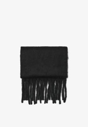 Sciarpa di lana nera con una texture morbida e bordi frangiati. Forma rettangolare, presenta una superficie uniforme senza motivi o accenti.