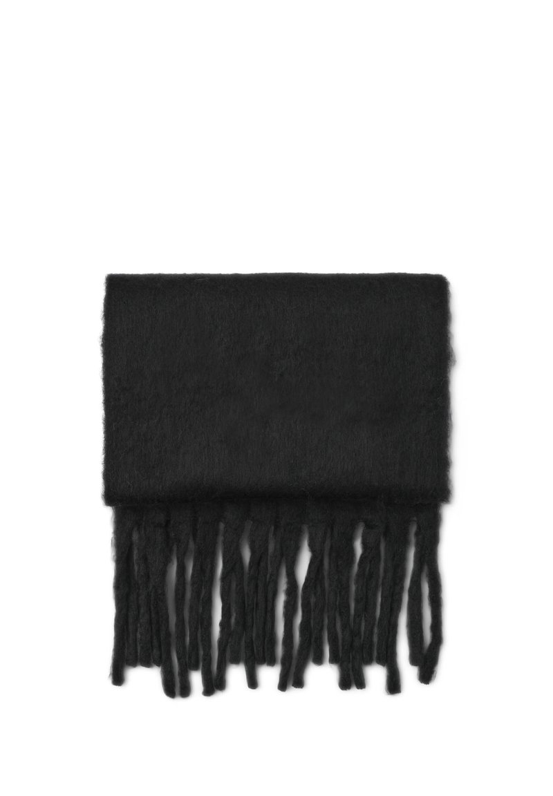 Czarny wełniany szalik o miękkiej teksturze i frędzlach. Prostokątny kształt, z jednolitą powierzchnią bez wzorów ani akcentów.