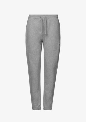 Gray sweatpants made of soft cotton blend, featuring a drawstring waistband, tapered legs, and subtle logo detail on the side.