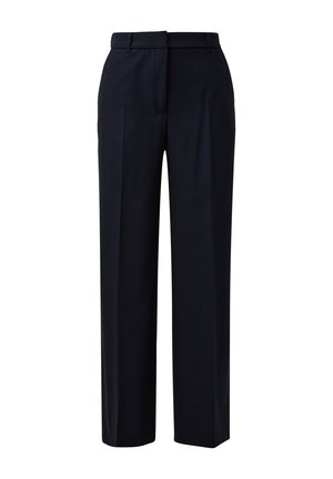 Pantaloni blu navy realizzati in un tessuto liscio con taglio dritto. Il design presenta due pieghe frontali e una classica vita con cintura.