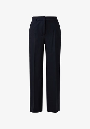 Navy trousers made from a smooth fabric with a straight cut. Design features include two front pleats and a classic waistband.