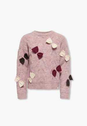 Knit sweater in light pink with raised cable pattern. Decorated with assorted fabric bows in cream, burgundy, and dark brown. Crew neckline.