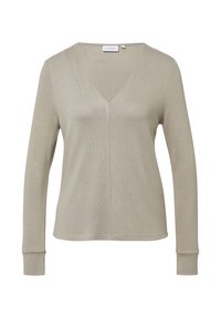 Beżowy top z długim rękawem w serek, wykonany z teksturowanej tkaniny. Posiada subtelną szew na środku i dopasowane mankiety. Prosty, elegancki design.